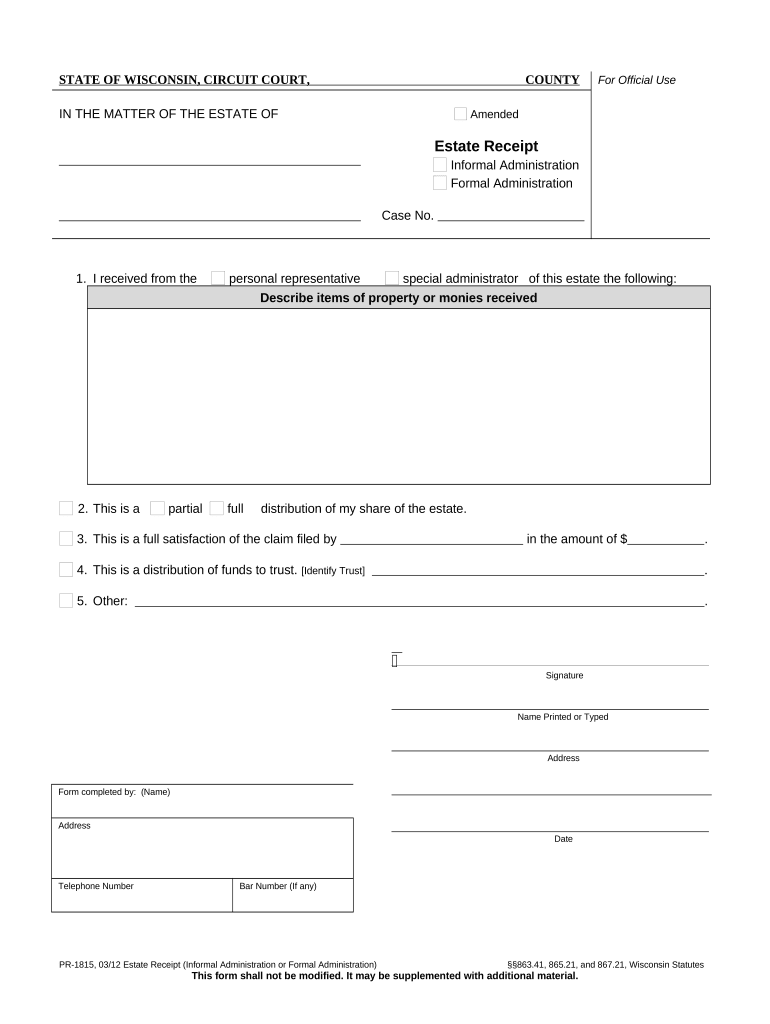 wisconsin estate receipt Preview on Page 1