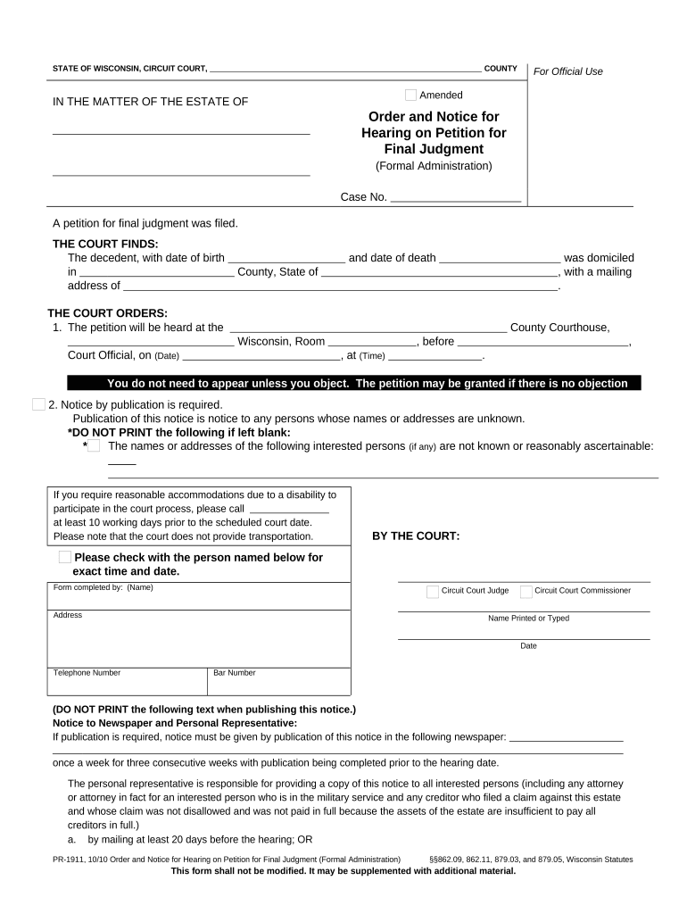 Order and Notice for Hearing Final Account and Final Settlement - Formal Administration - Wisconsin Preview on Page 1.