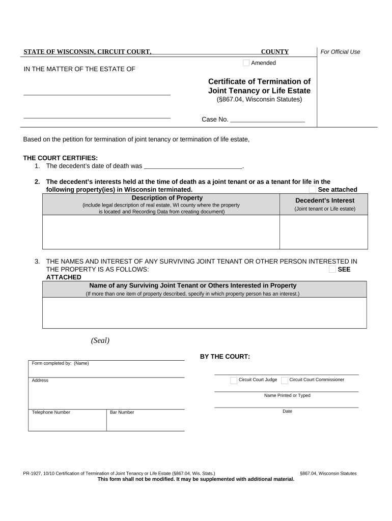 wisconsin termination joint tenancy form Preview on Page 1