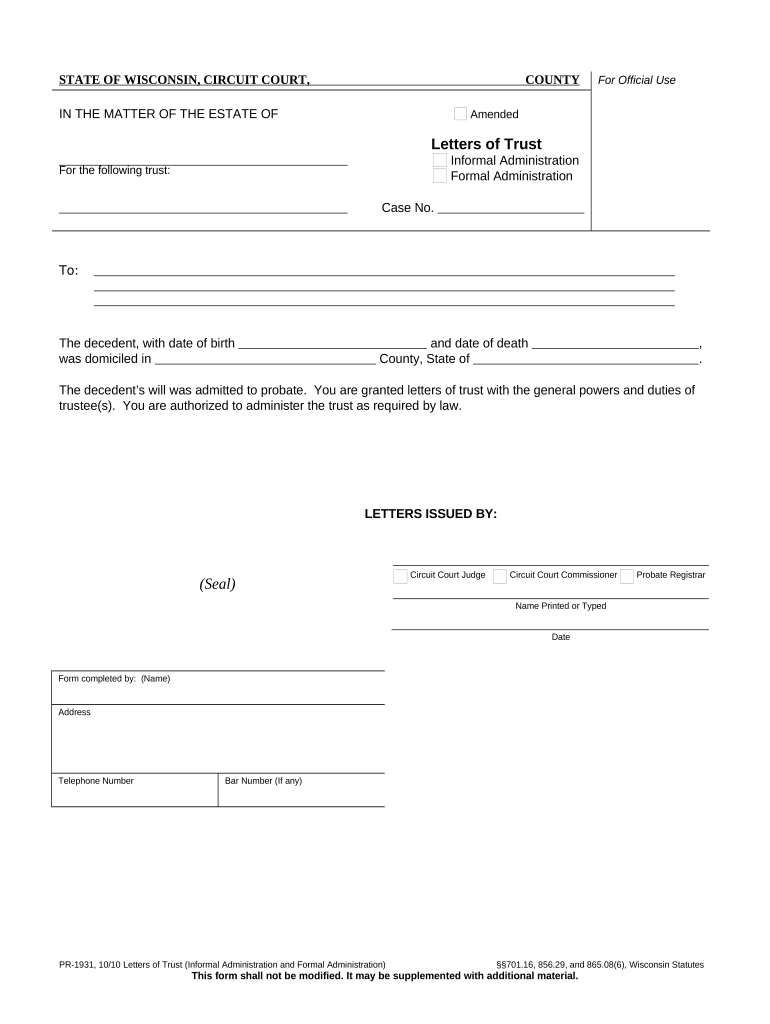 Letters of Trust - Issued under Formal Administration - Wisconsin Preview on Page 1.