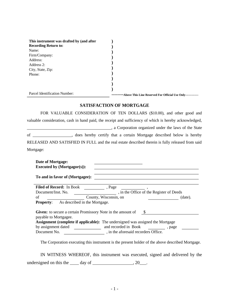 Satisfaction, Release or Cancellation of Mortgage by Corporation - Wisconsin Preview on Page 1