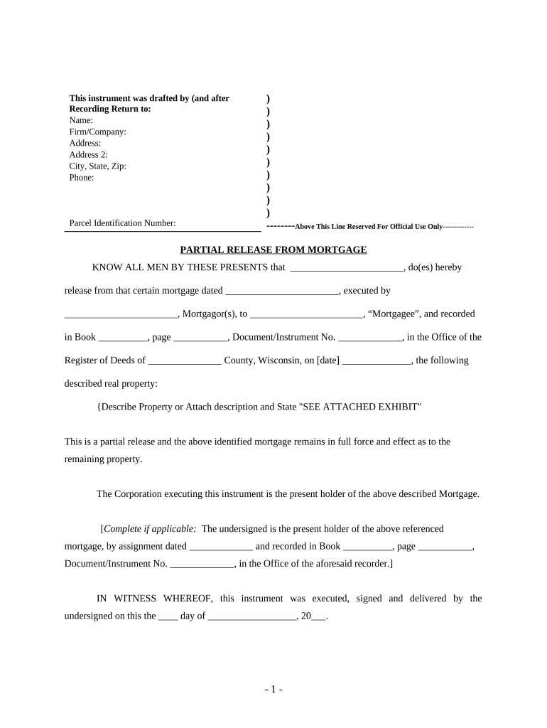 Partial Release of Property From Mortgage for Corporation - Wisconsin Preview on Page 1