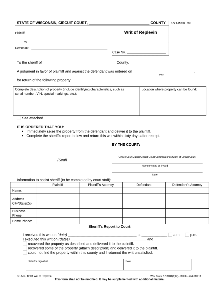 writ of replevin wisconsin Preview on Page 1