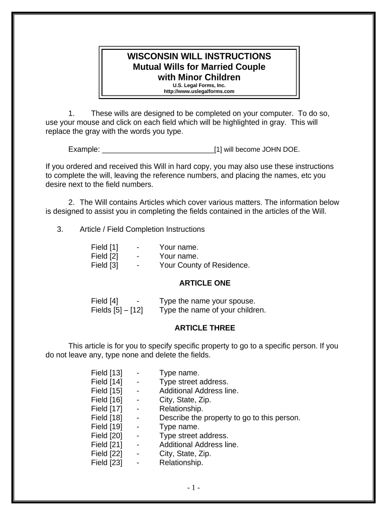 Mutual Wills Package with Last Wills and Testaments for Married Couple with Minor Children - Wisconsin Preview on Page 1