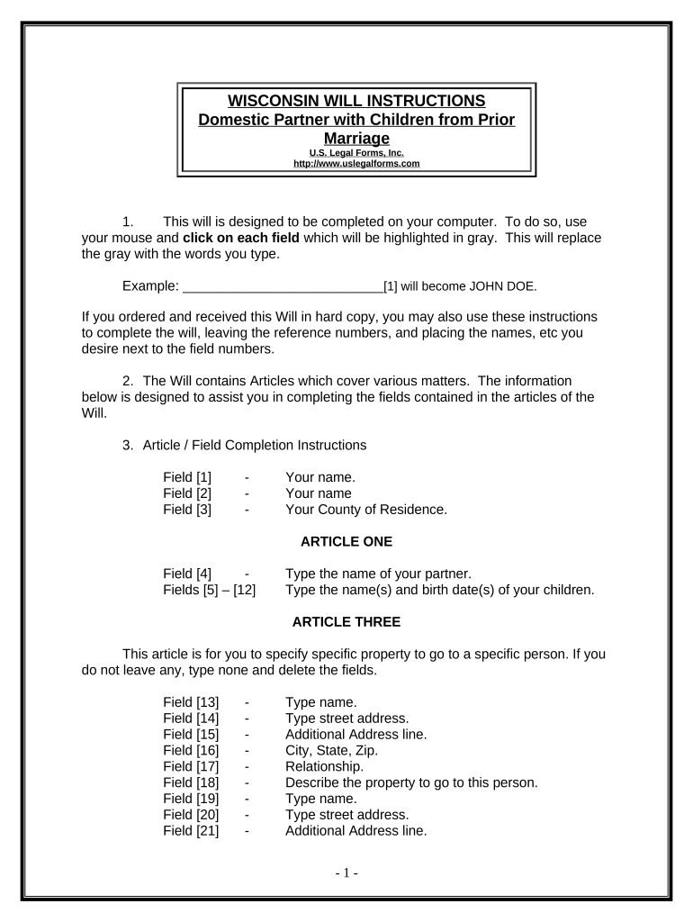 Legal Last Will and Testament Form for Domestic Partner with Adult and Minor Children from Prior Marriage - Wisconsin Preview on Page 1