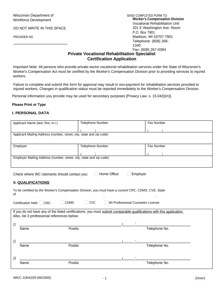 Rehab Specialist Certification Application for Workers' Compensation - Wisconsin Preview on Page 1