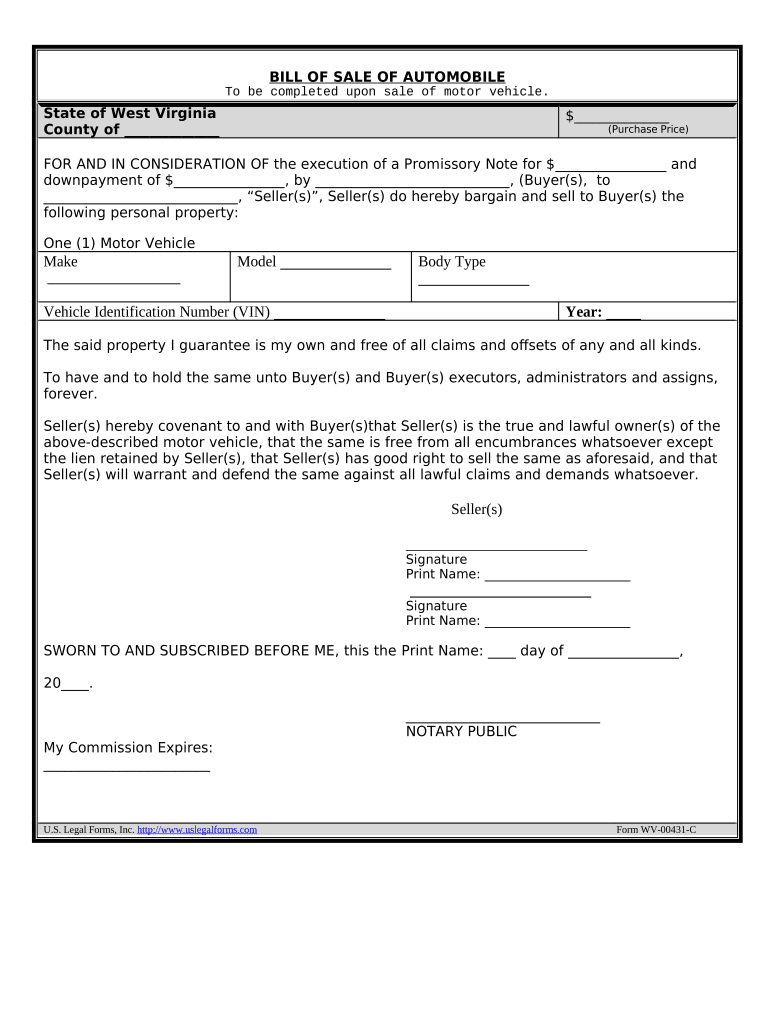 Bill of Sale for Automobile or Vehicle including Odometer Statement and Promissory Note - West Virginia Preview on Page 1