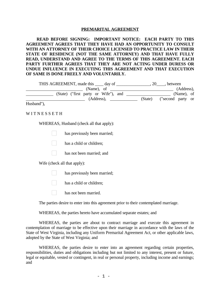 West Virginia Prenuptial Premarital Agreement without Financial Statements - West Virginia Preview on Page 1