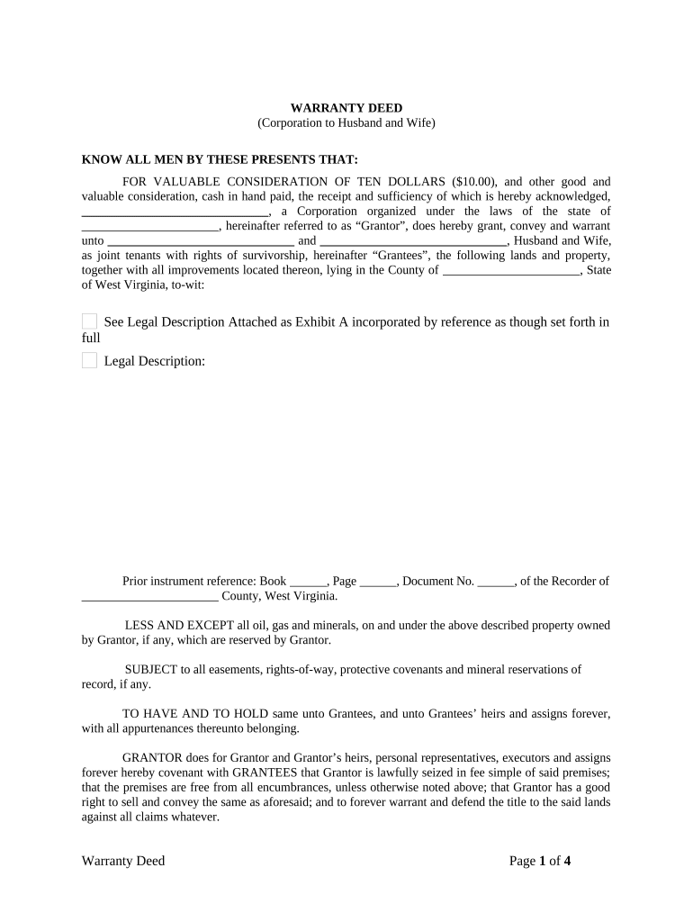 Warranty Deed from Corporation to Husband and Wife - West Virginia Preview on Page 1