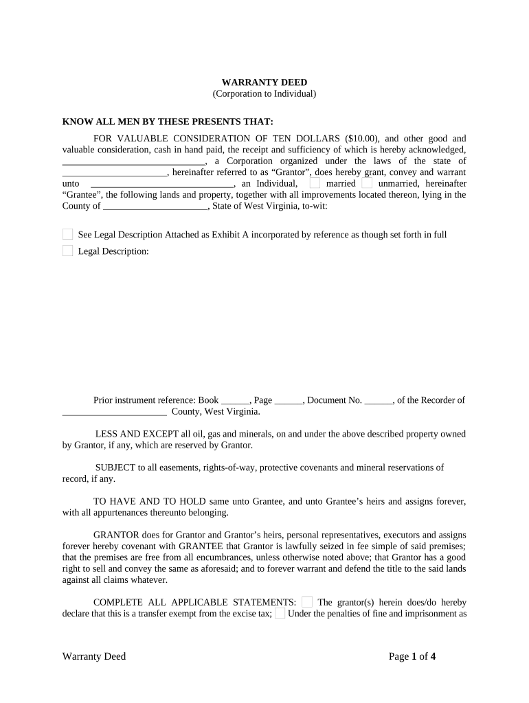 Warranty Deed from Corporation to Individual - West Virginia Preview on Page 1