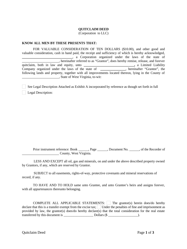 Quitclaim Deed from Corporation to LLC - West Virginia Preview on Page 1