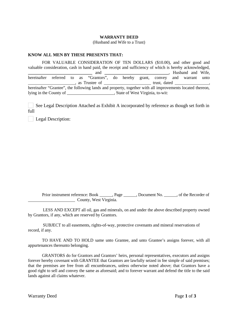 Warranty Deed from Husband and Wife to a Trust - West Virginia Preview on Page 1