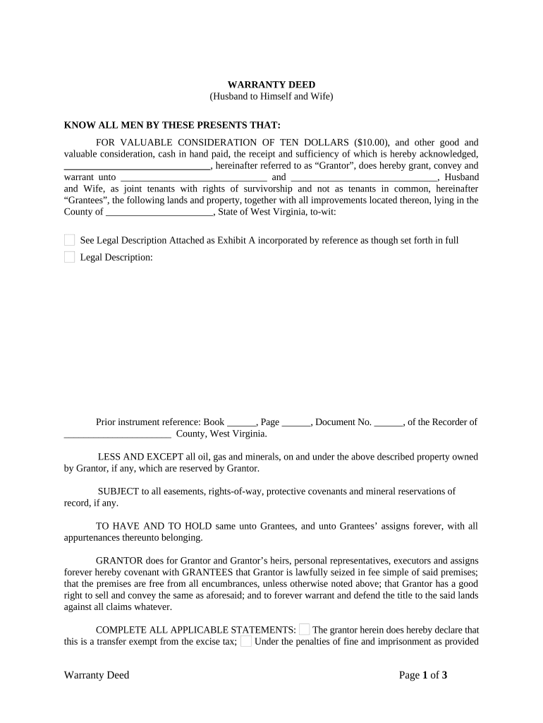 Warranty Deed from Husband to Himself and Wife - West Virginia Preview on Page 1