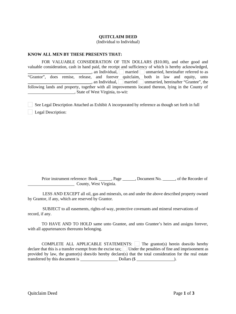 Quitclaim Deed from Individual to Individual - West Virginia Preview on Page 1