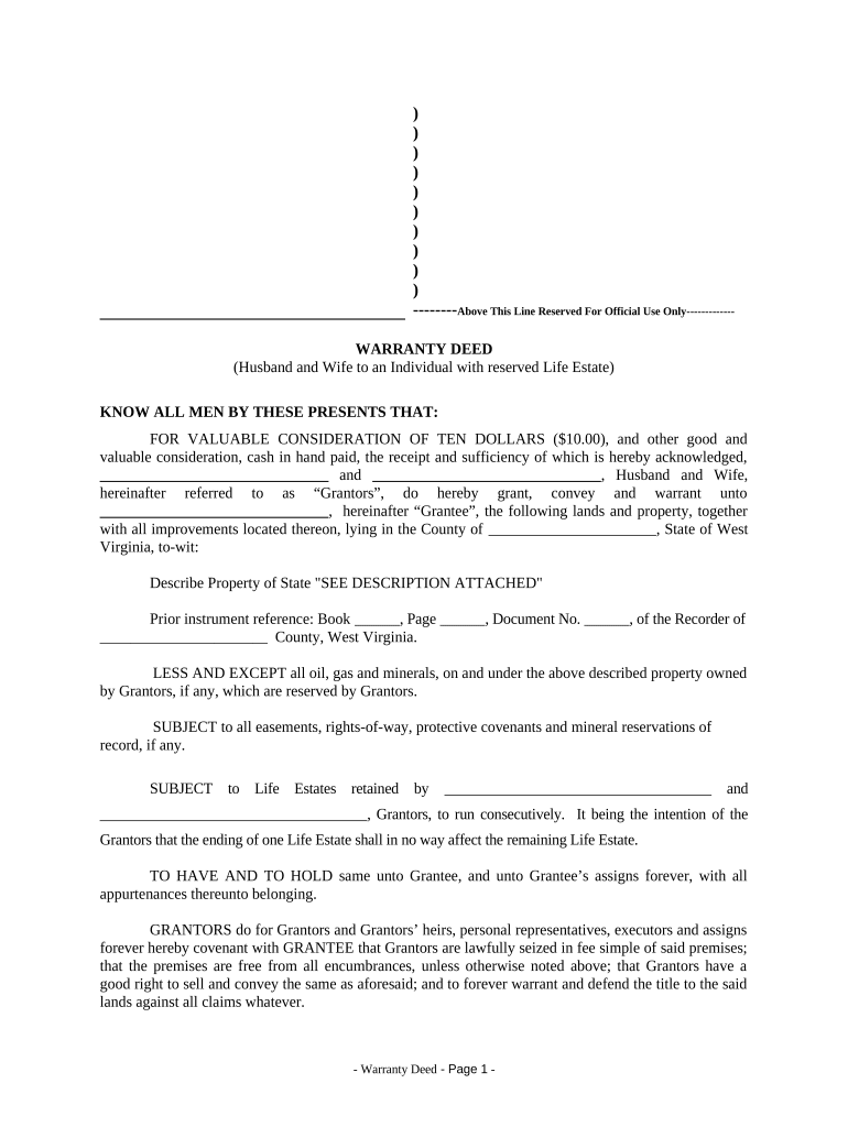 Warranty Deed to Child Reserving a Life Estate in the Parents - West Virginia Preview on Page 1