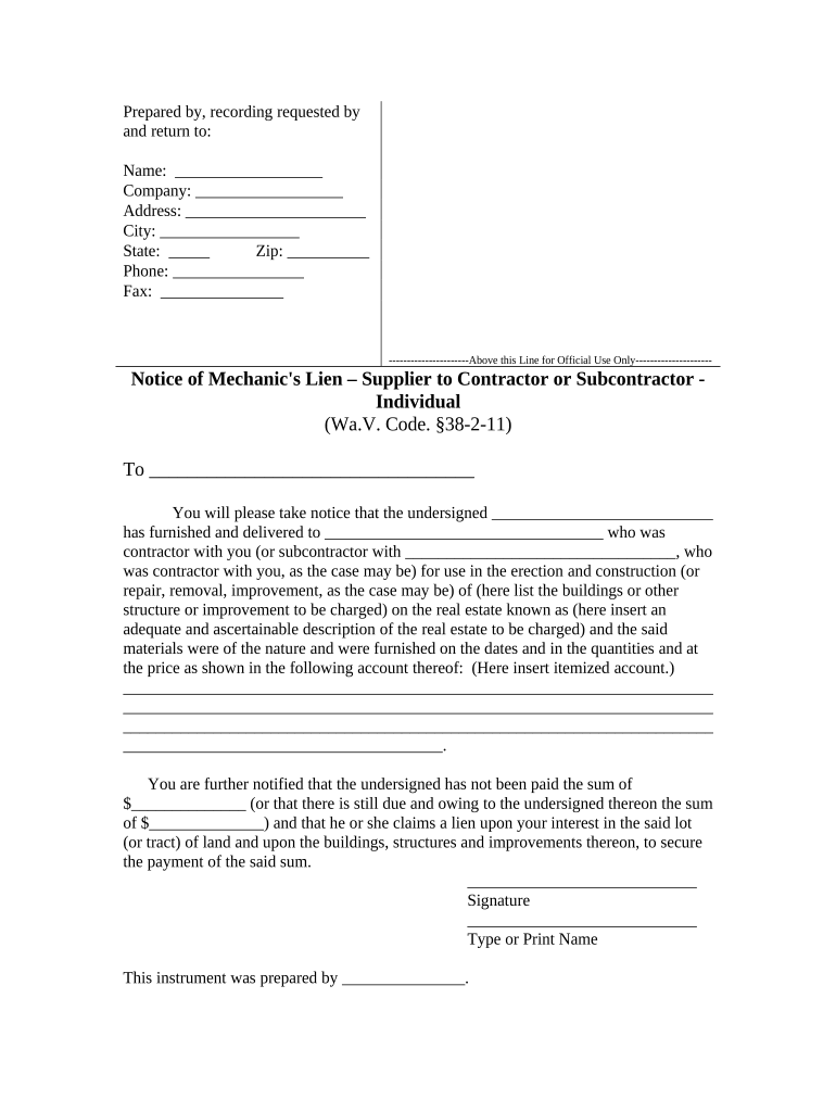 Notice of Mechanic's Lien - Supplier to Contractor or Subcontractor - Individual - West Virginia Preview on Page 1