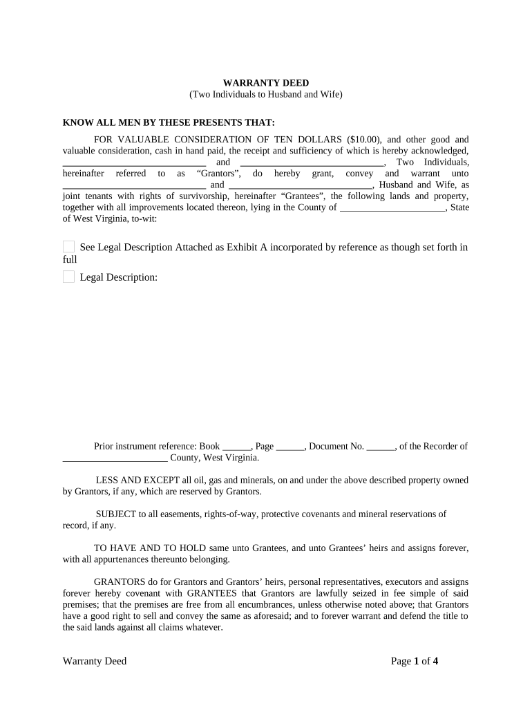Warranty Deed from two Individuals to Husband and Wife - West Virginia Preview on Page 1