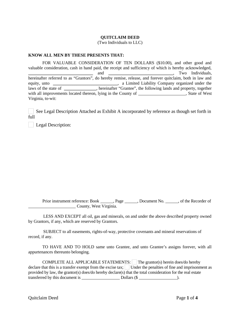 Quitclaim Deed by Two Individuals to LLC - West Virginia Preview on Page 1