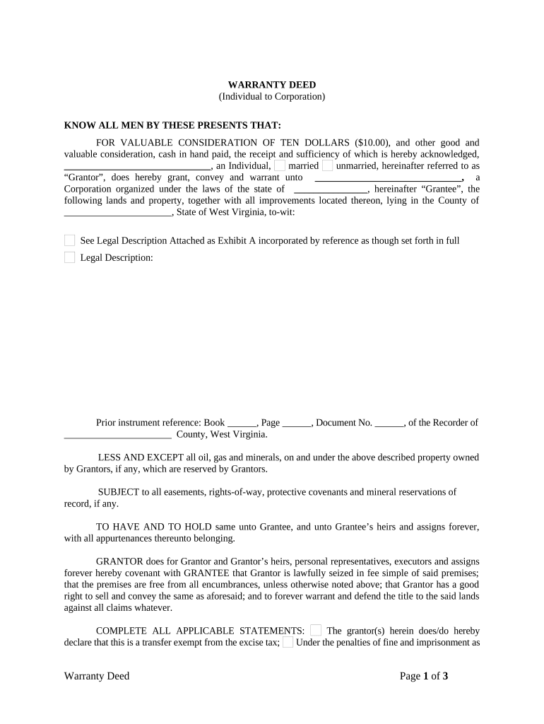 Warranty Deed from Individual to Corporation - West Virginia Preview on Page 1