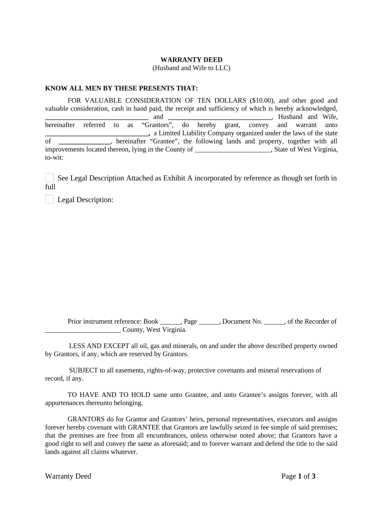 Warranty Deed from Husband and Wife to LLC - West Virginia Preview on Page 1