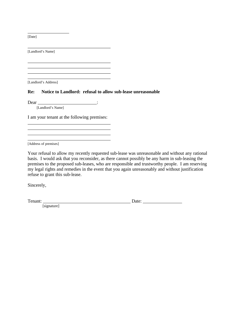 Letter from Tenant to Landlord about Landlord&#039;s refusal to allow sublease is unreasonable - West Virginia Preview on Page 1.