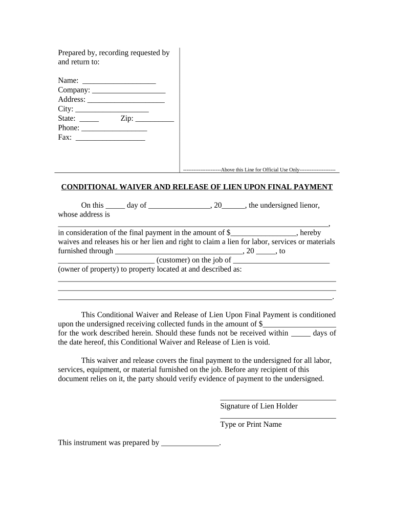 Conditional Waiver and Release of Claim of Lien Upon Final Payment - West Virginia Preview on Page 1.