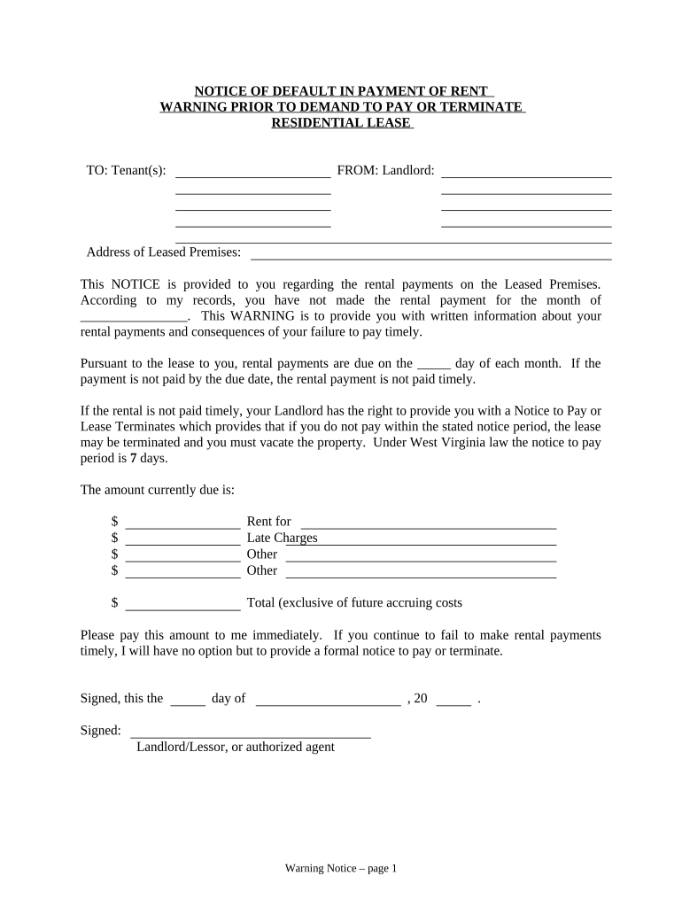 Notice of Default in Payment of Rent as Warning Prior to Demand to Pay or Terminate for Residential Property - West Virginia Preview on Page 1