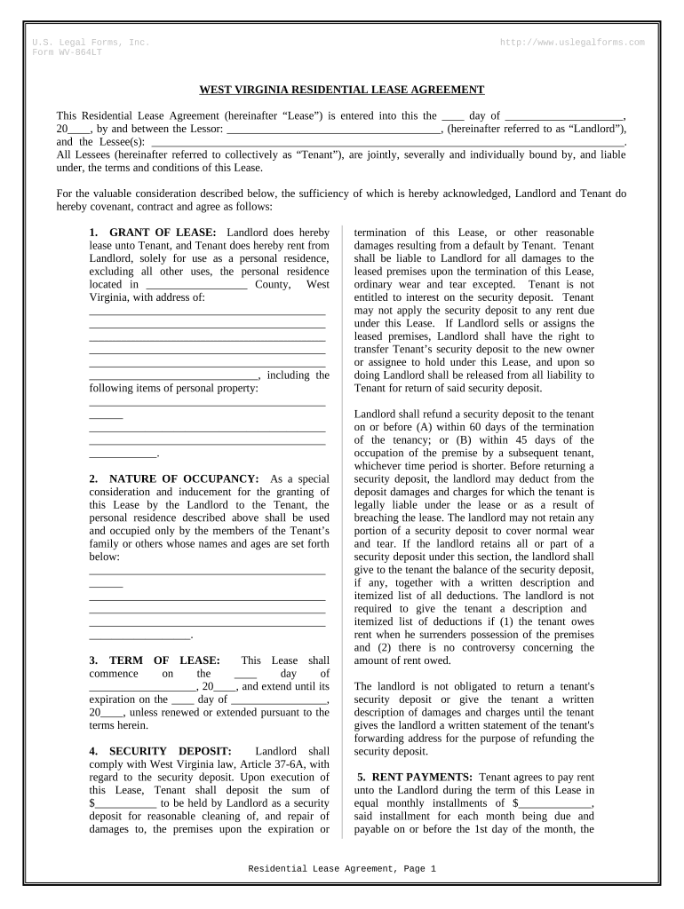 Residential Rental Lease Agreement - West Virginia Preview on Page 1