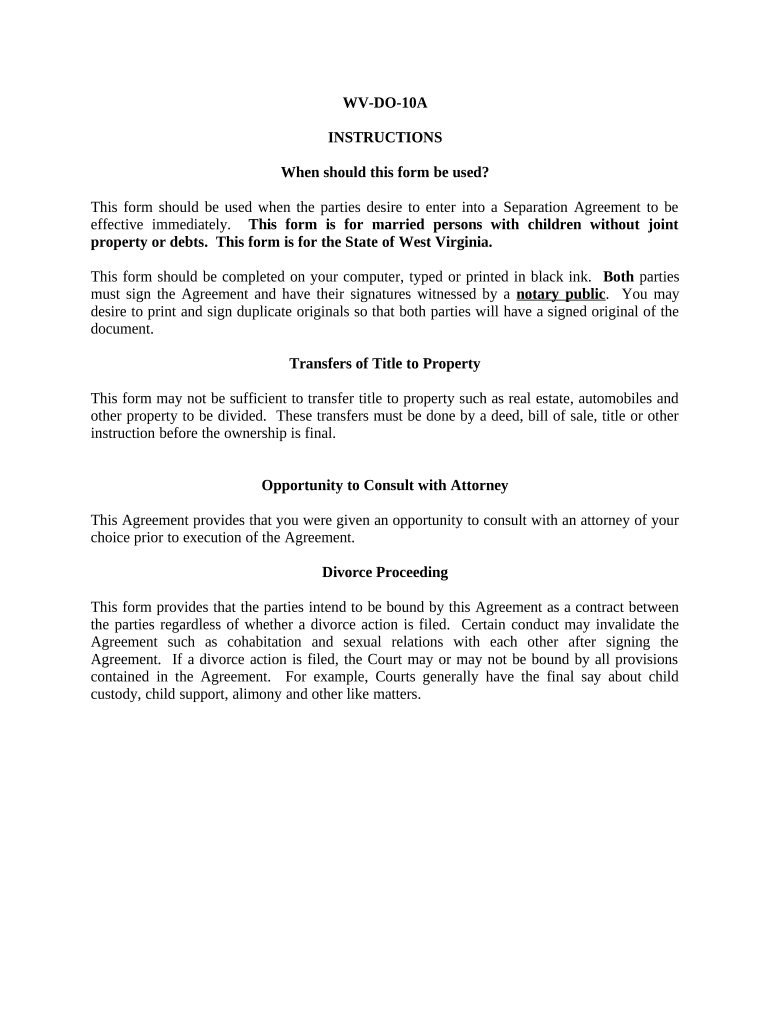 Marital Domestic Separation and Property Settlement Agreement Minor Children no Joint Property or Debts effective Immediately - West Virginia Preview on Page 1