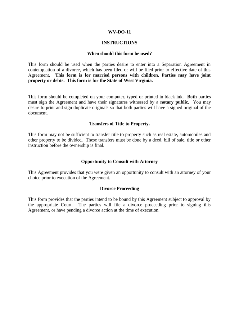 Marital Domestic Separation and Property Settlement Agreement Minor Children Parties May have Joint Property or Debts where Divorce Action Filed - West Virginia Preview on Page 1