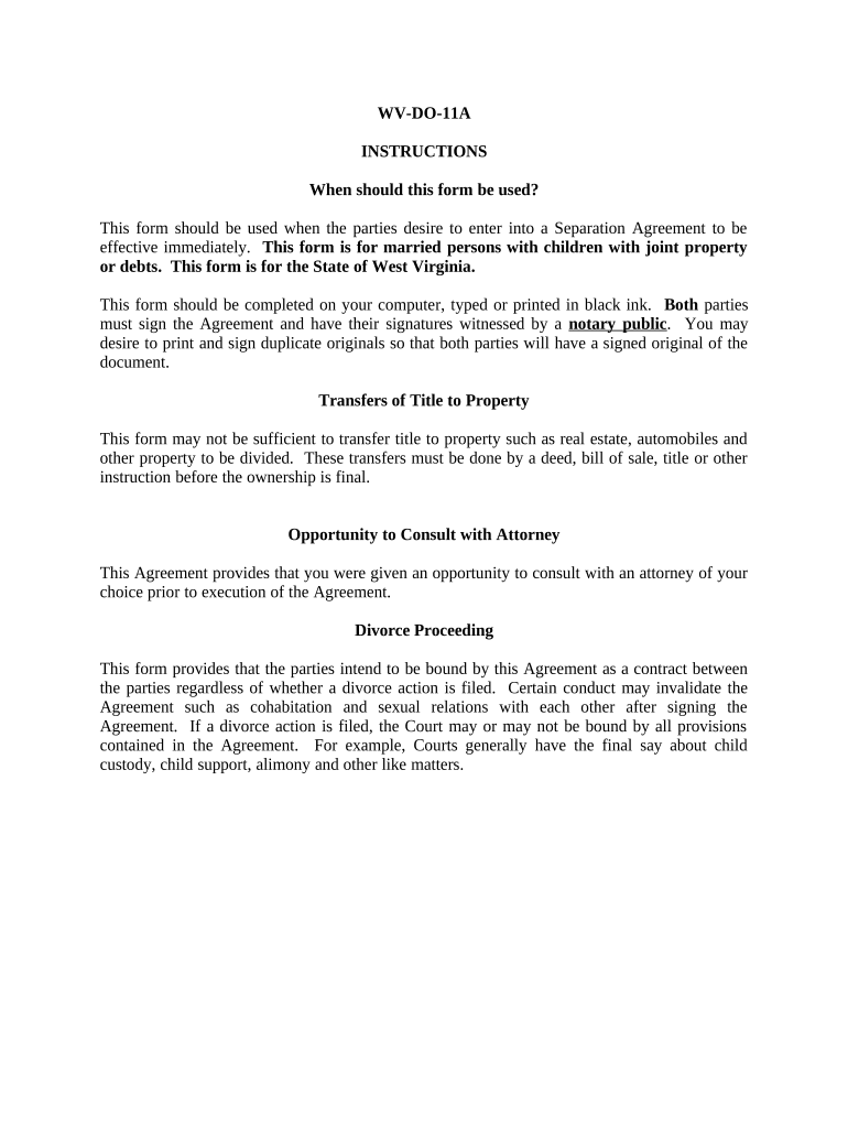 Marital Domestic Separation and Property Settlement Agreement Minor Children Parties May have Joint Property or Debts effective Immediately - West Virginia Preview on Page 1