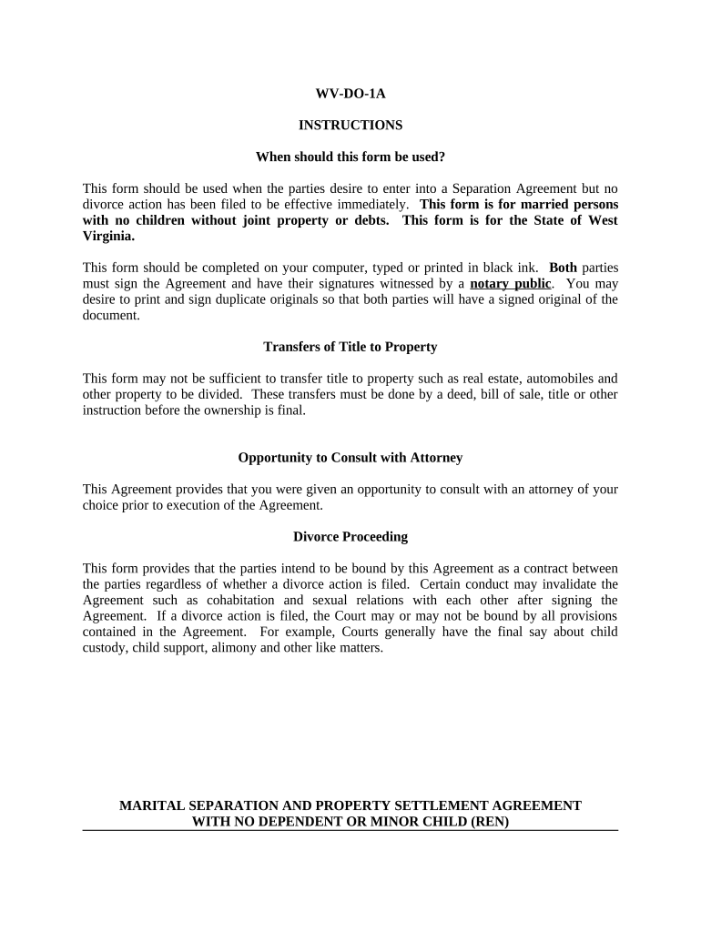 Marital Domestic Separation and Property Settlement Agreement for persons with no Children, no Joint Property, or Debts Effective Immediately - West Virginia Preview on Page 1