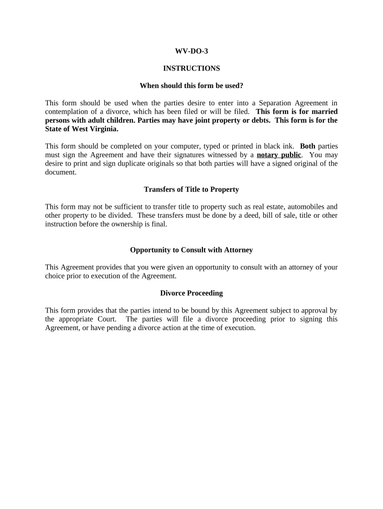 Marital Domestic Separation and Property Settlement Agreement Adult Children Parties May have Joint Property or Debts where Divorce Action Filed - West Virginia Preview on Page 1