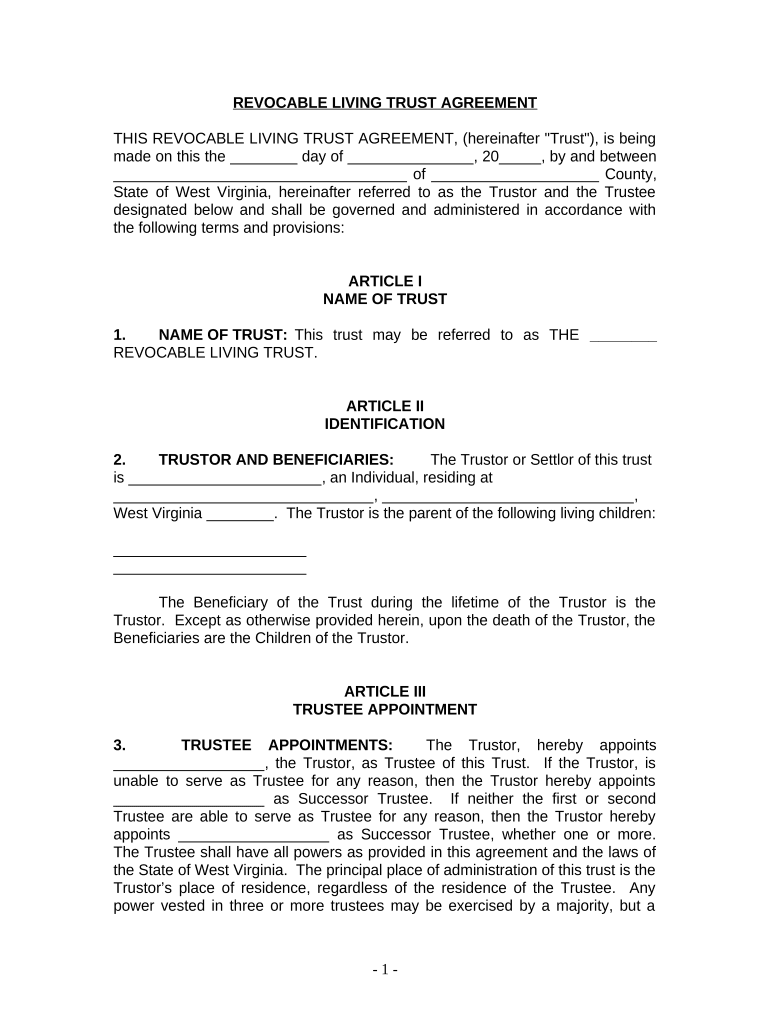 Living Trust for Individual Who is Single, Divorced or Widow or Widower with Children - West Virginia Preview on Page 1