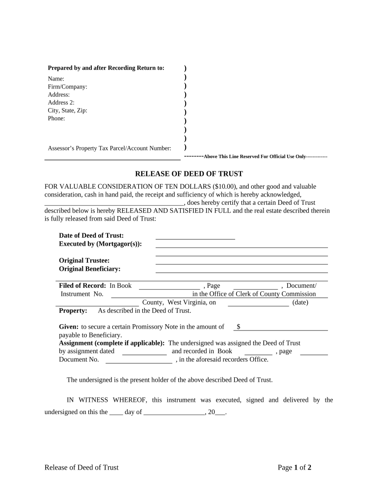 Release - Satisfaction - Cancellation Deed of Trust - Individual Lender or Holder - West Virginia Preview on Page 1.