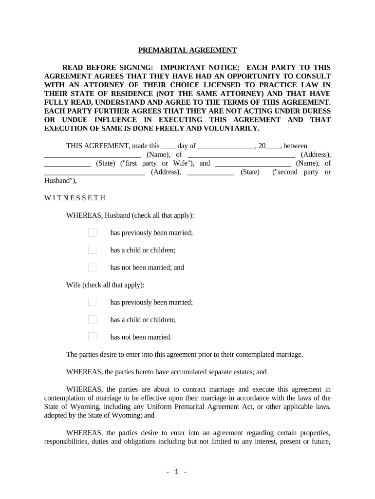 Wyoming Prenuptial Premarital Agreement without Financial Statements - Wyoming Preview on Page 1