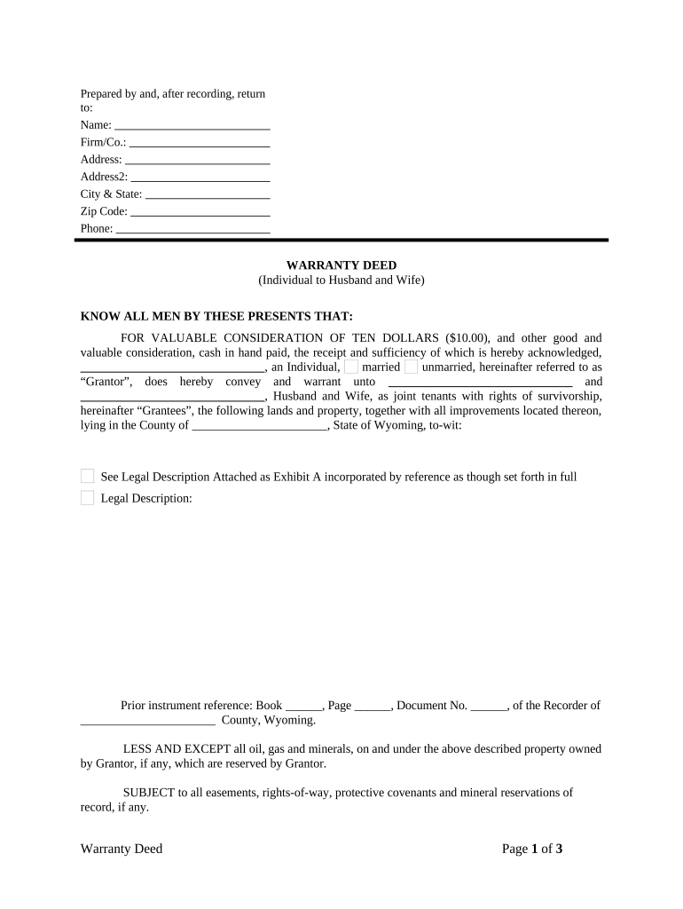 Warranty Deed from Individual to Husband and Wife - Wyoming Preview on Page 1.