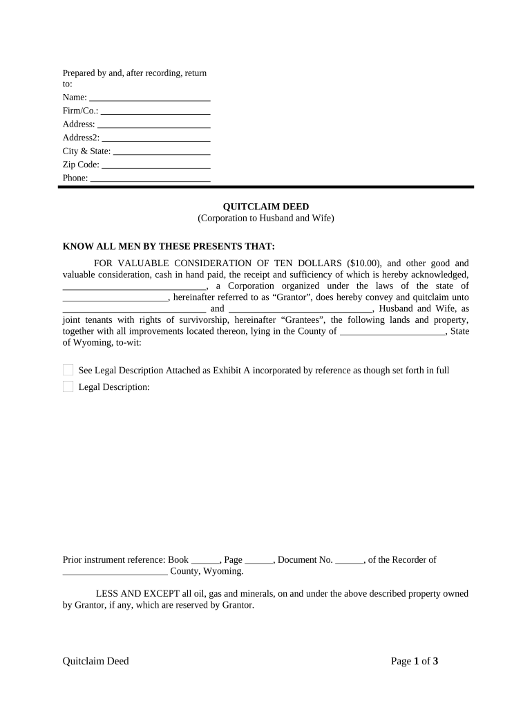 Quitclaim Deed from Corporation to Husband and Wife - Wyoming Preview on Page 1.