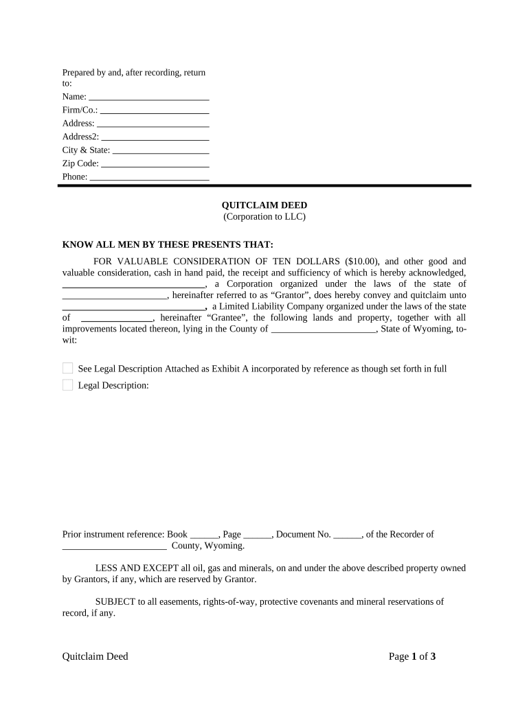 Quitclaim Deed from Corporation to LLC - Wyoming Preview on Page 1