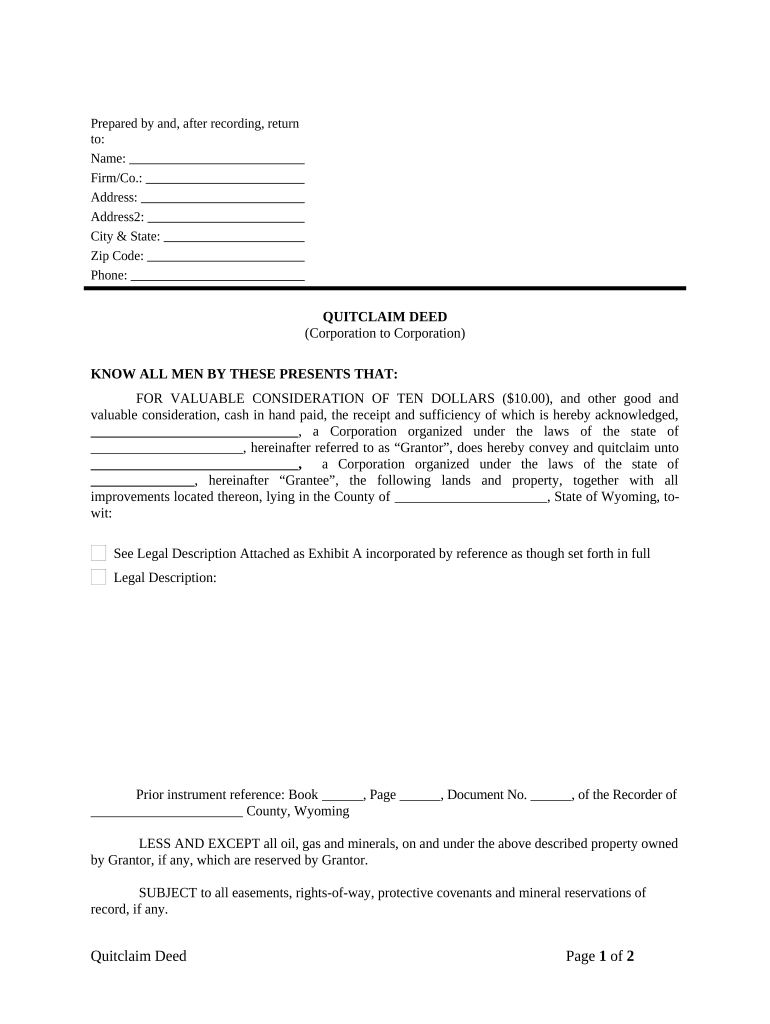 Quitclaim Deed from Corporation to Corporation - Wyoming Preview on Page 1