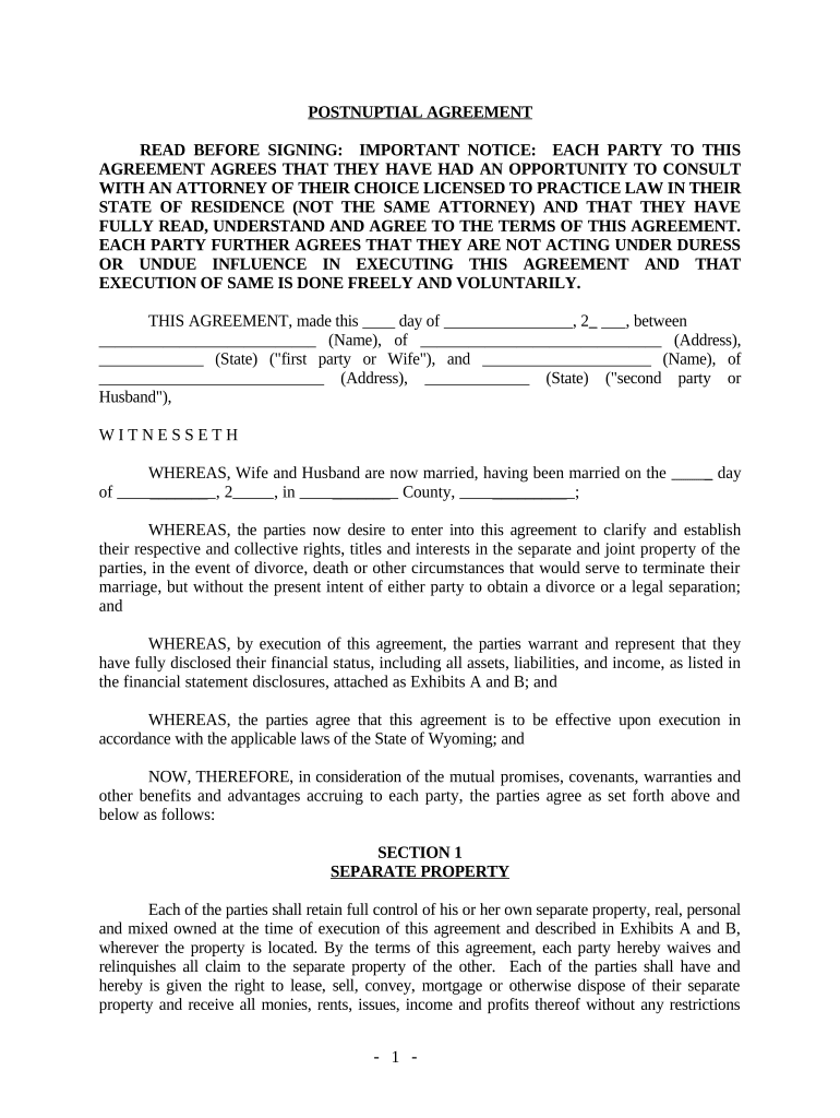 Postnuptial Property Agreement - Wyoming - Wyoming Preview on Page 1