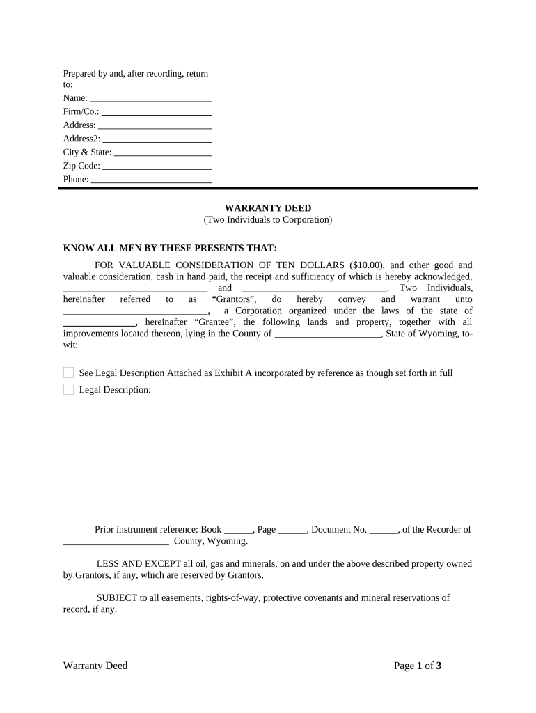 Warranty Deed from two Individuals to Corporation - Wyoming Preview on Page 1
