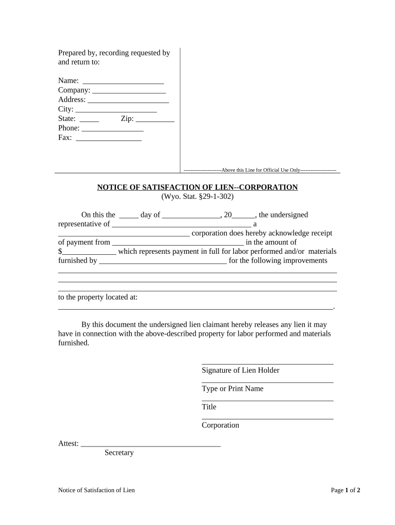 Notice of Satisfaction - Corporation or LLC - Wyoming Preview on Page 1