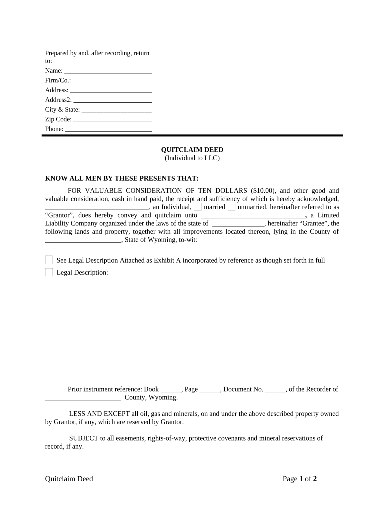 Quitclaim Deed from Individual to LLC - Wyoming Preview on Page 1