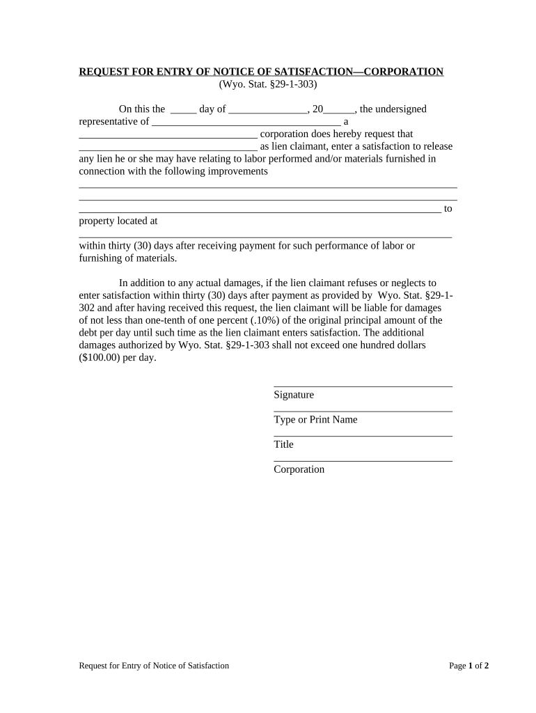 Request for Entry of Notice of Satisfaction - Corporation or LLC - Wyoming Preview on Page 1
