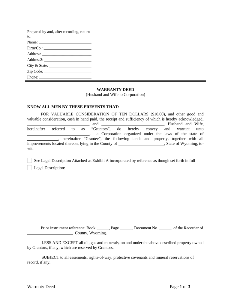 Warranty Deed from Husband and Wife to Corporation - Wyoming Preview on Page 1