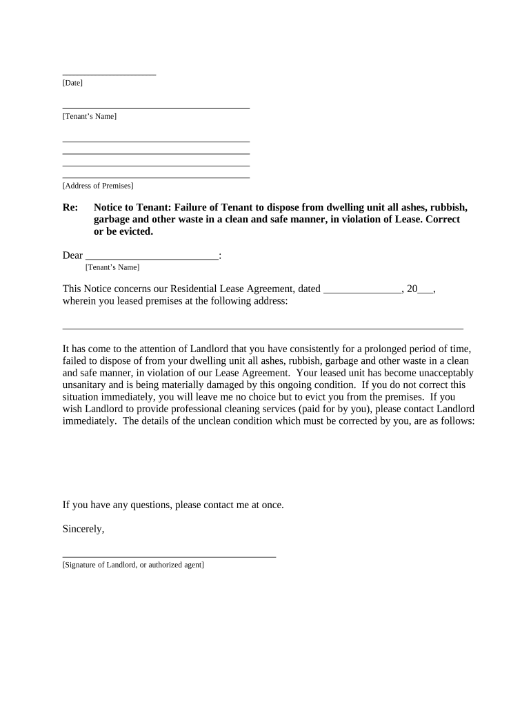 Letter from Landlord to Tenant for Failure of to dispose all ashes, rubbish, garbage or other waste in a clean and safe manner in compliance with community rules - Wyoming Preview on Page 1