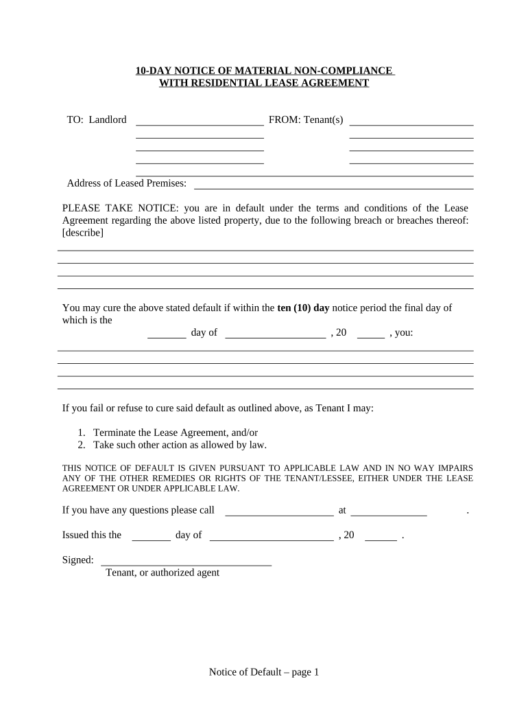 10 Day Notice of Material Noncompliance with Lease or Rental Agreement for Residential from Tenant to Landlord - Wyoming Preview on Page 1