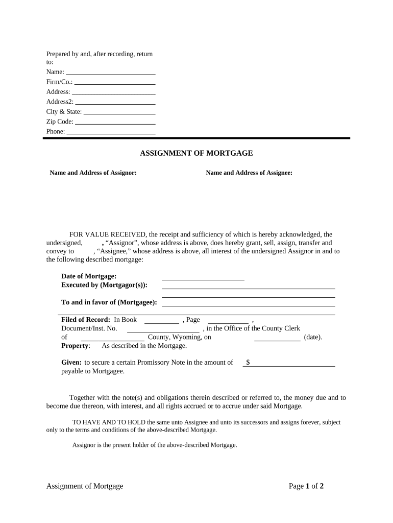 Assignment of Mortgage by Individual Mortgage Holder - Wyoming Preview on Page 1