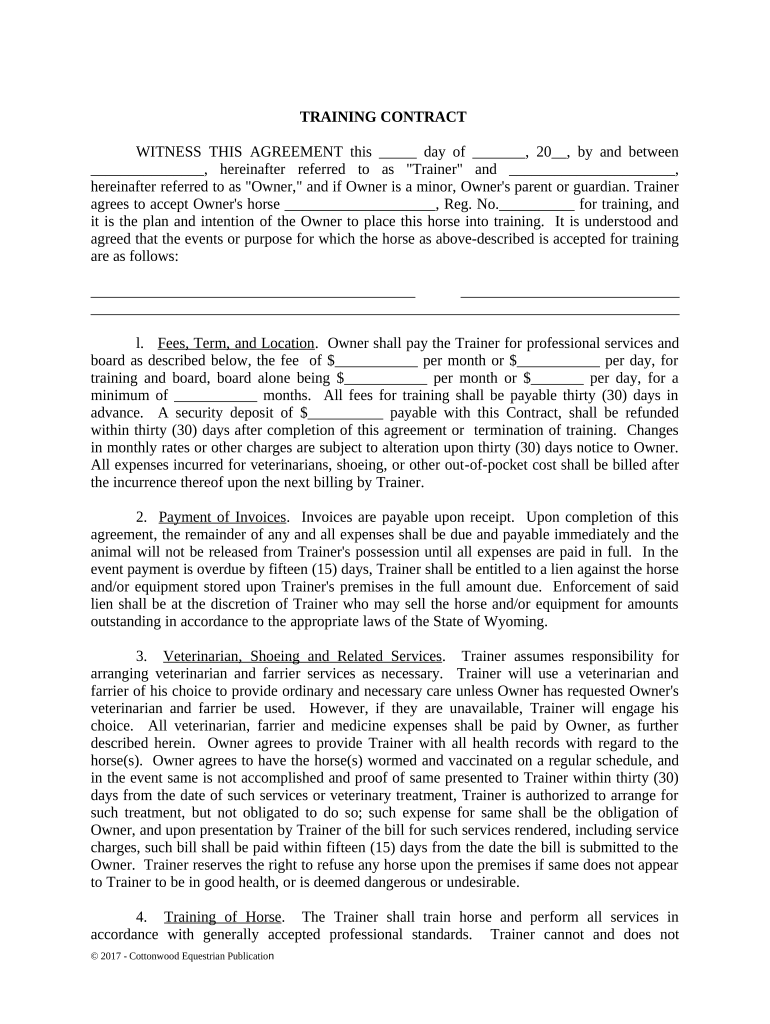 Training Contract - Horse Equine Forms - Wyoming Preview on Page 1.